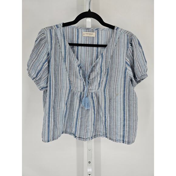 Lucky Brand Womens Sz L Short Sleeve Babydoll Top Light Blue Striped Boho - Picture 1 of 3